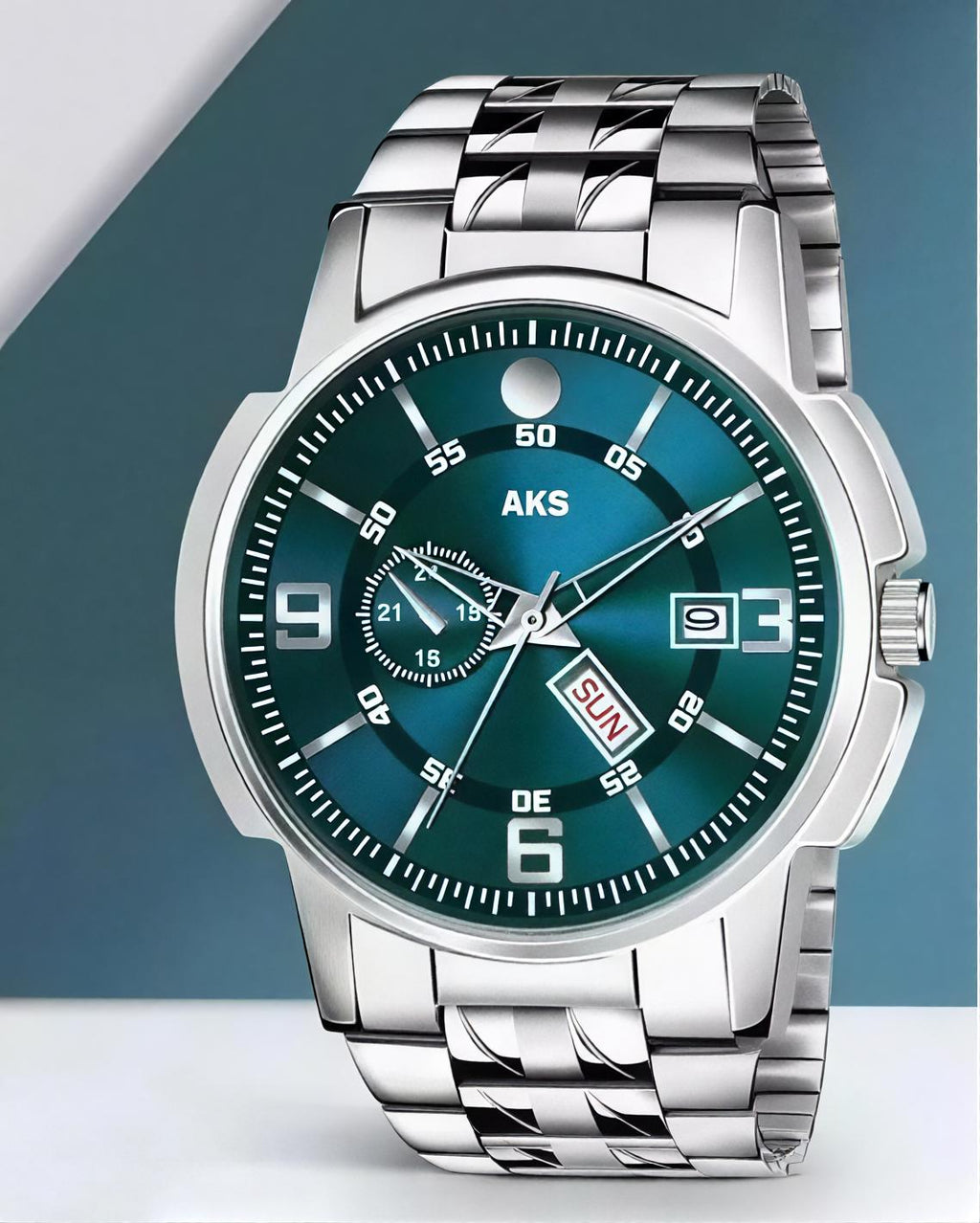 AKS day & date function Watch with white coated Dial, stainless steel pattel.
