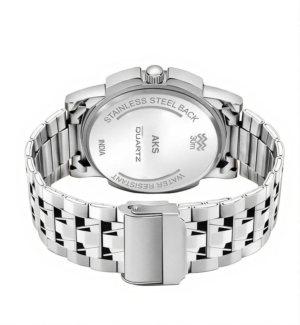 AKS day & date function Watch with white coated Dial, stainless steel pattel.