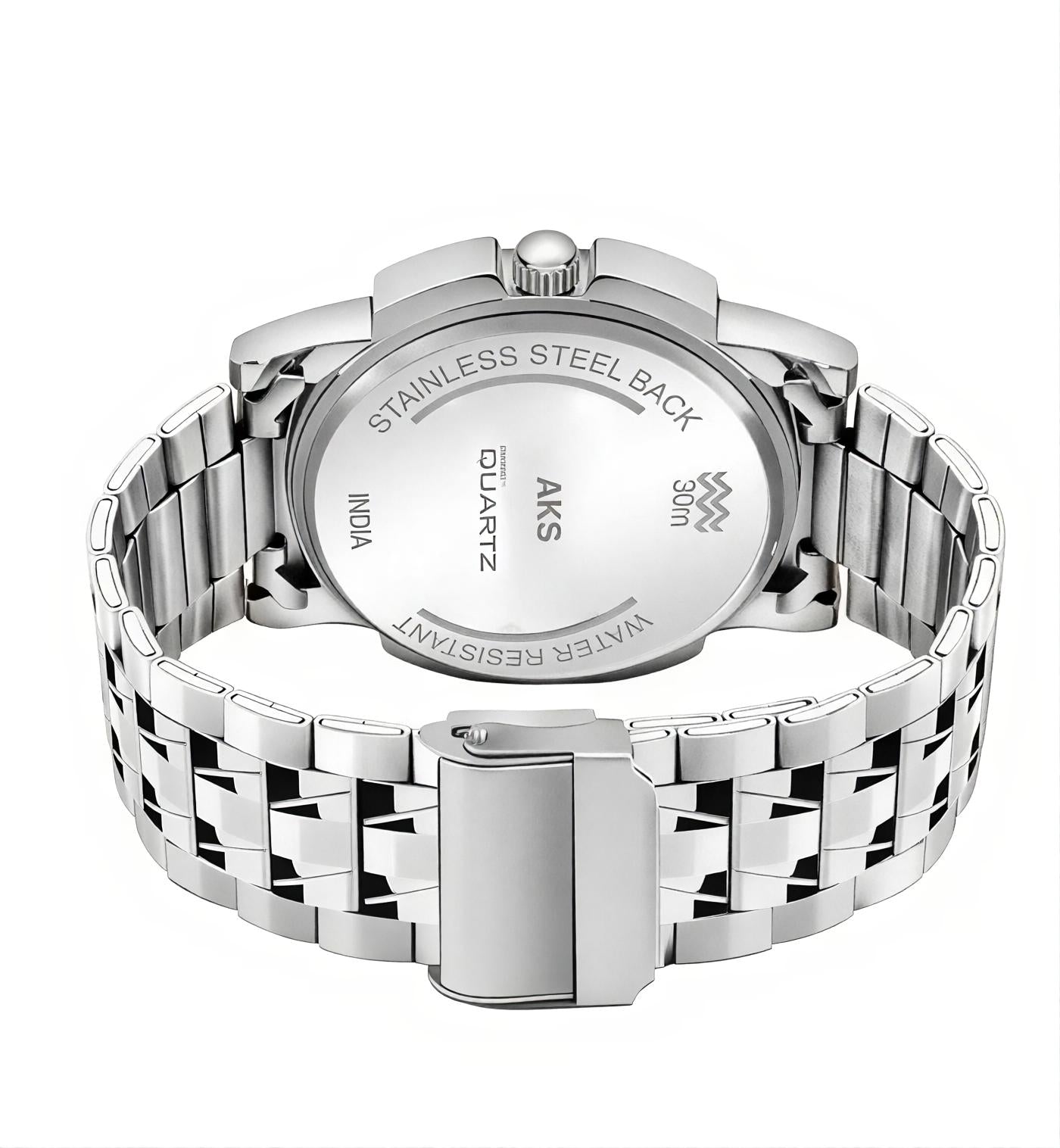 AKS day & date function Watch with white coated Dial, stainless steel pattel.