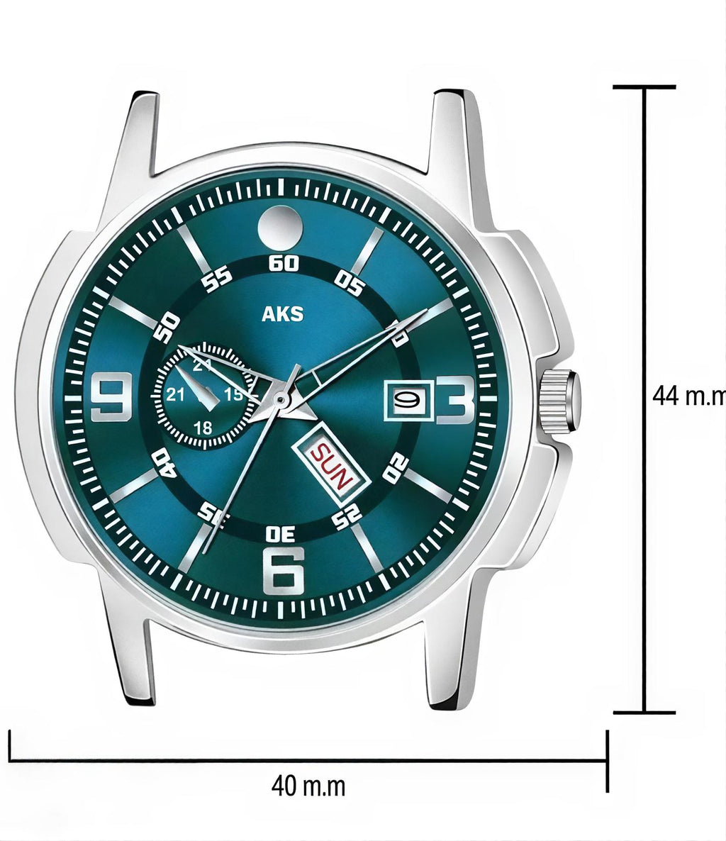 AKS day & date function Watch with white coated Dial, stainless steel pattel.