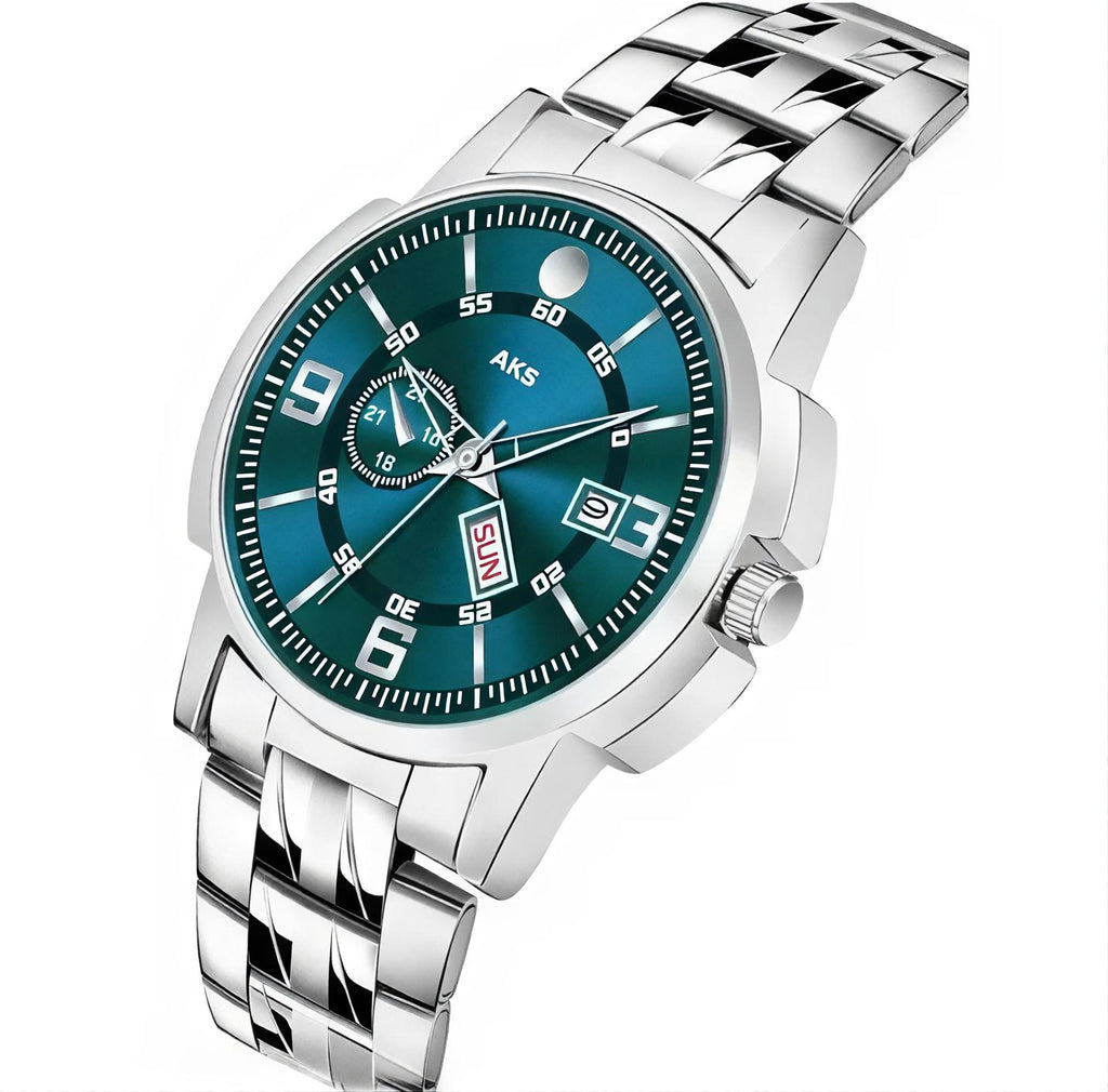 AKS day & date function Watch with white coated Dial, stainless steel pattel.